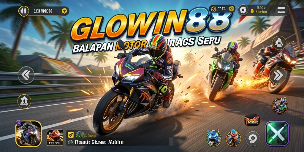 Screenshot utama GLOWIN88 menunjukkan balapan motor yang intens dan mendebarkan.