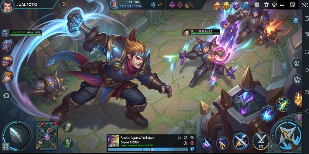 Tampilan seru dari gameplay JUALTOTO dalam pertarungan MOBA.