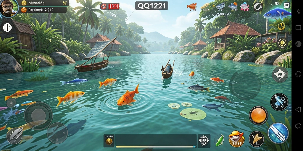 Tangkapan layar gameplay QQ1221 yang menampilkan suasana memancing yang seru.