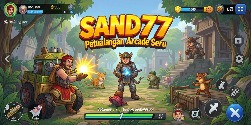 Screenshot permainan SAND77 menampilkan aksi arcade seru dan warna-warni.